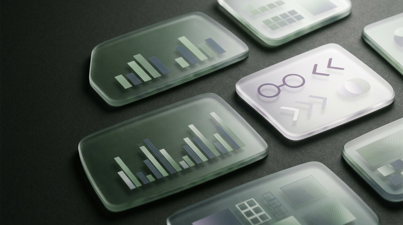Abstract glowing geometric data panels representing contract evaluation rules on a dark slate background
