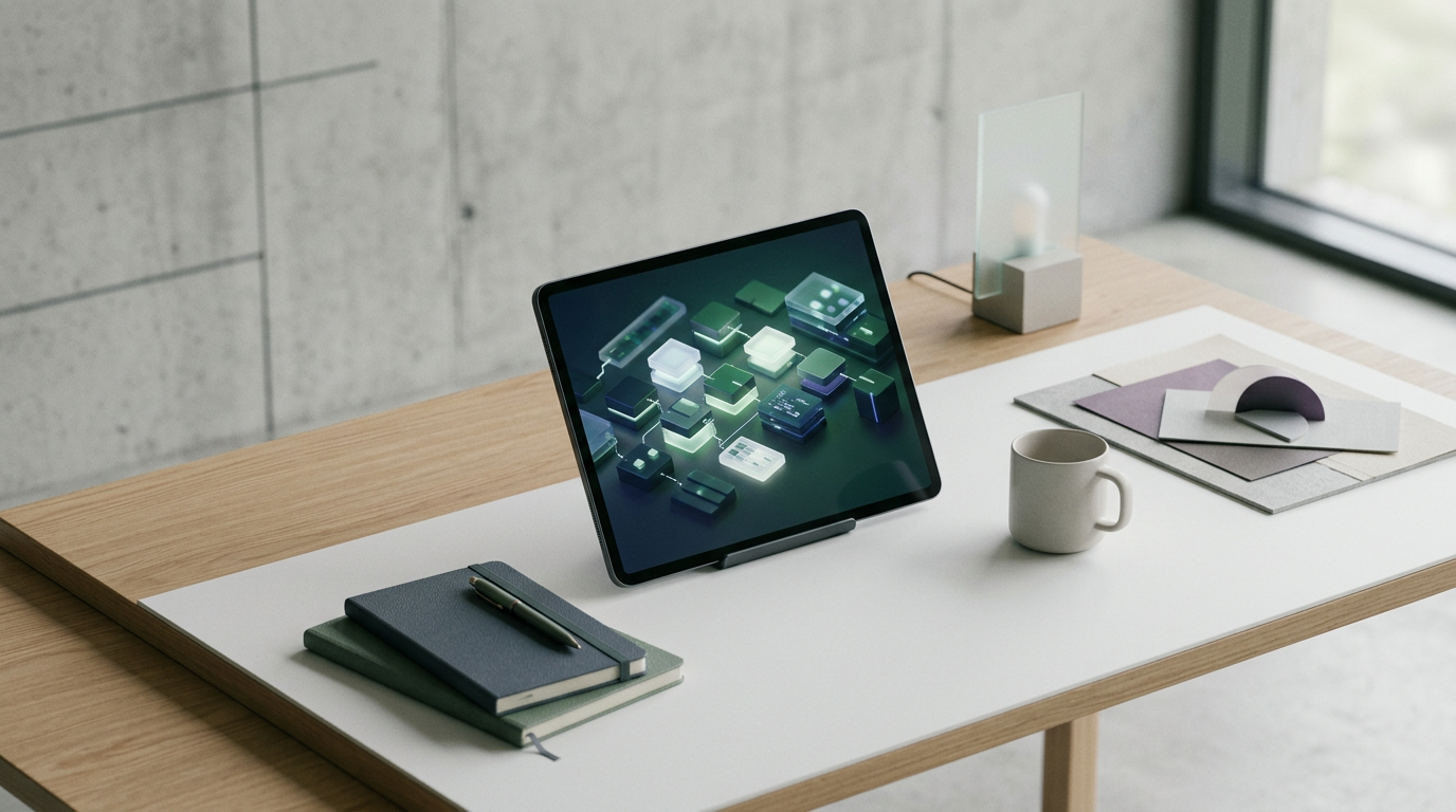 Minimalist desk setup with glowing tablet displaying workflow logic blocks