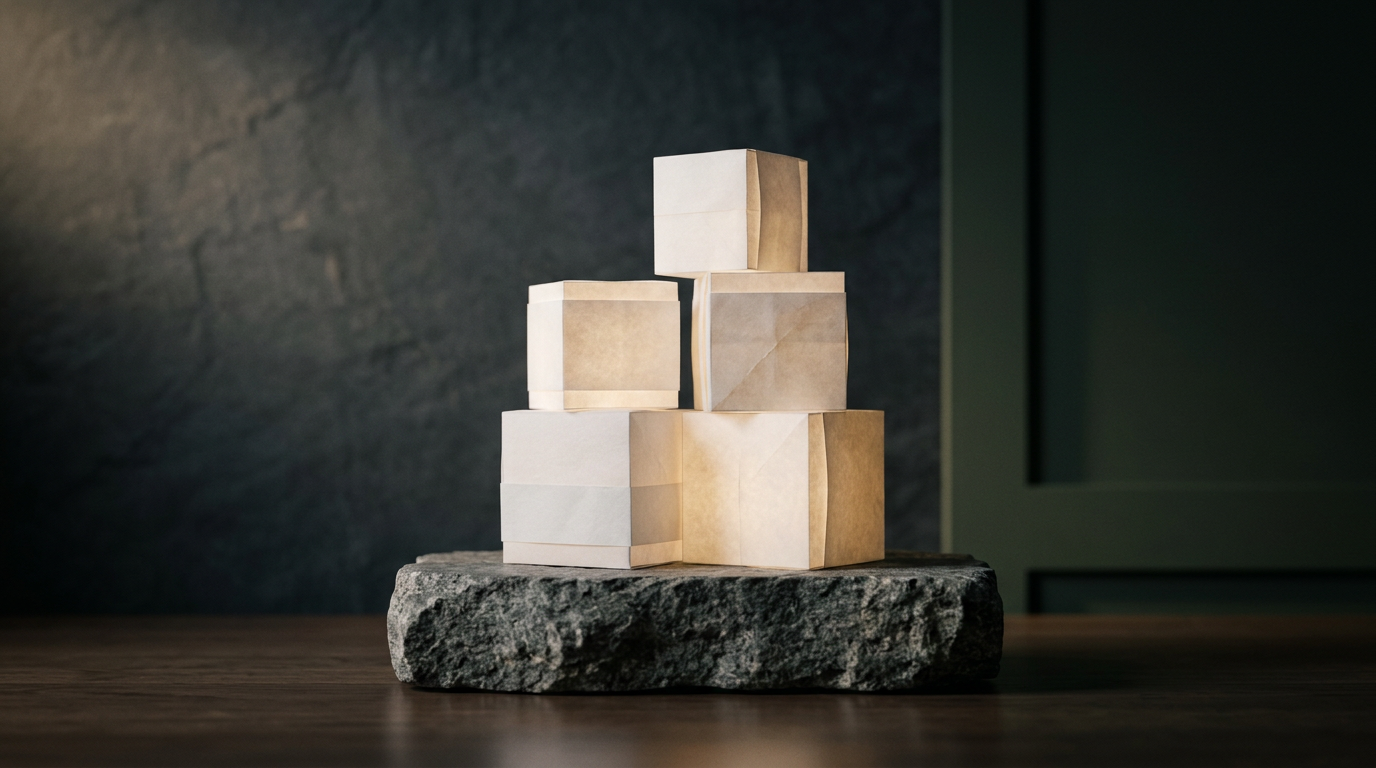 Luminous layered vector data blocks resting on an architectural plinth in an abstract workspace