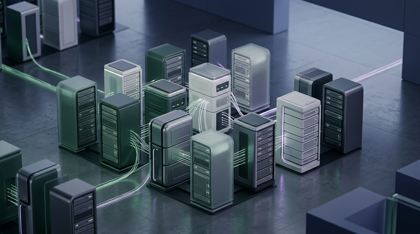 Abstract digital server racks with glowing amber data routing lines