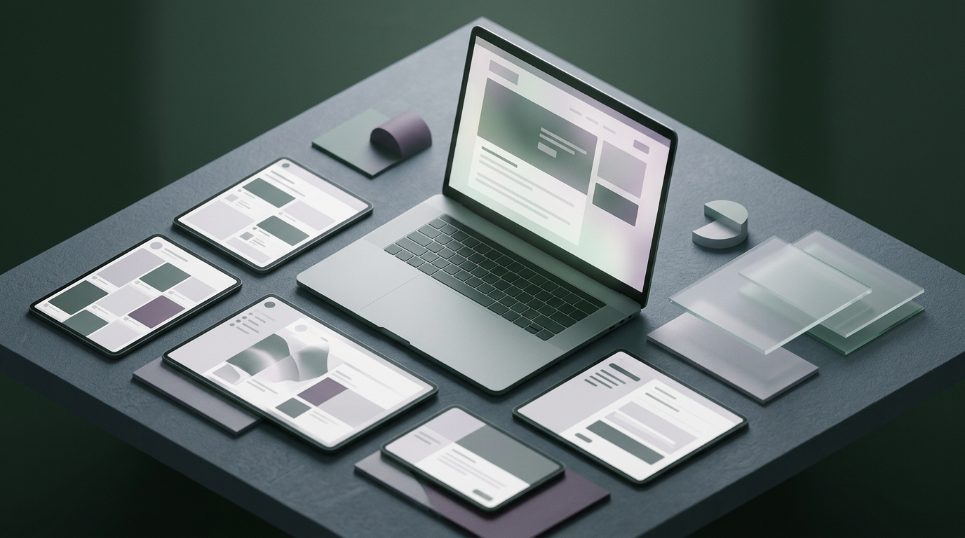 Isometric view of a workspace with a laptop open to a blog post, surrounded by smaller screens showing social media and email.