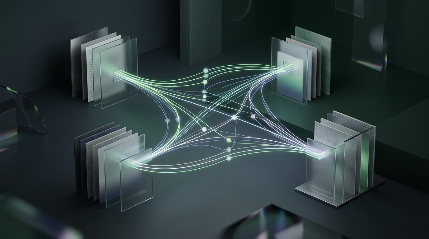 Abstract data visualization showing content flowing between different formats like blog posts, social media, and email.
