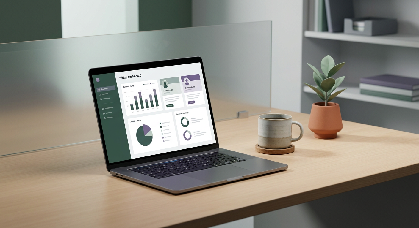 Laptop displaying an AI hiring dashboard with candidate profiles.